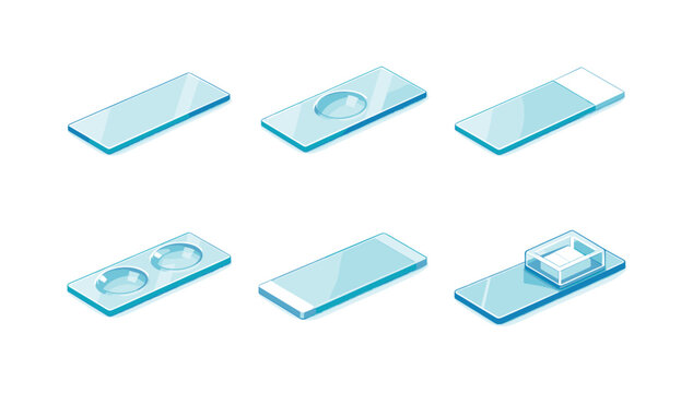 Microscope Slides Grid. Microscope slide types. Isometric flat vector icons set of microscope slide types: flat glass slide, concave depression slide, frosted