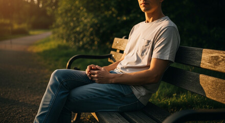 Young man sitting on a park bench during golden hour