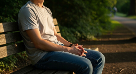Pensive Young Man Finds Serene Reflection on a Park Bench During Golden Hour, Embracing Quiet Solitude in Nature