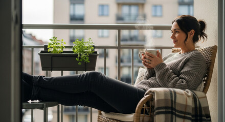 Young woman enjoying a warm cup of tea on her balcony