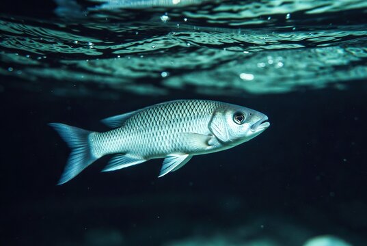 A silver fish swims gracefully under the water's surface