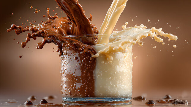 A glass of chocolate and vanilla milk with a splash of foam