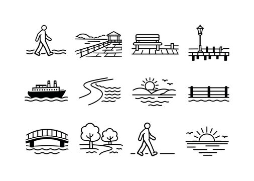 Waterfront Icon Set. Strolling Along a Waterfront. Line icon set of Strolling Along a Waterfront: person walking by river, waterfront promenade, dockside