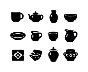 Fototapeta premium Ceramic Icon Collection. Ceramic items. Solid icon set of ceramic items: ceramic mug, teapot, vase, bowl, plate, small jug, clay cup, pitcher, ceramic tile,