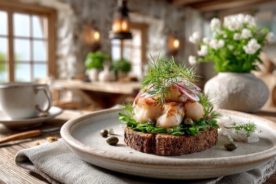  Pan r&uacute;stico con camarones, hierbas frescas y crema servido en una mesa de caf&eacute; acogedora.
