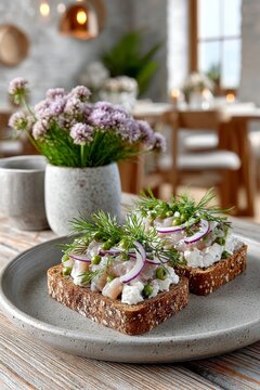  Tostadas de pan oscuro con pescado, cebolla morada y hierbas en plato con flores al fondo.
