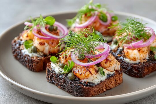  Pan tostado con camarones, cebolla morada y brotes verdes presentado como aperitivo.
