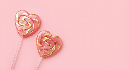 Pink Heart Lollipops on Pastel Background Sweet Candy Valentine Love Concept.