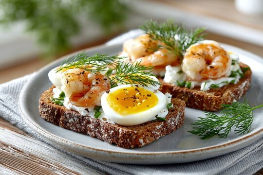 Tostadas con camarones y mitades de huevo cocido sobre crema de queso, decoradas con eneldo fresco.
