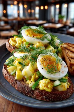 Tostadas con papas, ejotes y huevos cocidos decoradas con eneldo y especias, servidas con pan grillado.
