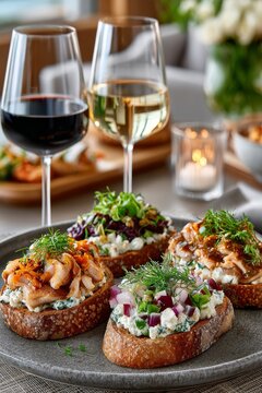 Variedad de sm&oslash;rrebr&oslash;d con ingredientes como pollo, cebolla roja, pepinillos, y ensalada de col. Servido con copas de vino blanco y tinto.