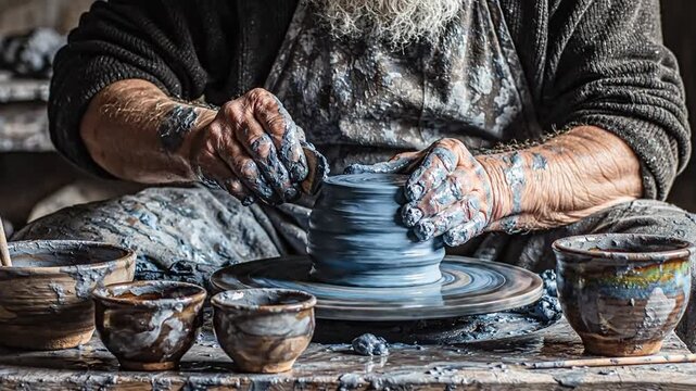 Potter shaping clay on a potter's wheel in a studio, creating ceramics with hands covered in clay
