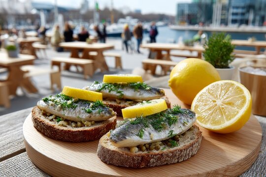 Tostadas de pan de centeno con filetes de arenque, rodajas de lim&oacute;n y eneldo fresco. Fondo al aire libre con mesas de madera junto al puerto.