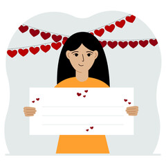 Happy woman holding a poster with text Happy Valentine's Day and red hearts. Love concept. Happy Valentine's Day wallpaper, poster, postcard or congratulation. Vector flat illustration