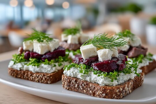  Rebanadas de pan integral con arenque, salsa cremosa y bayas oscuras decoradas con eneldo fresco.