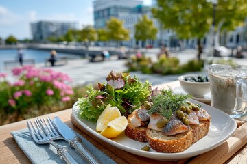 Tostadas con pescado marinado y rodajas de limón servidas en una terraza urbana junto al agua.