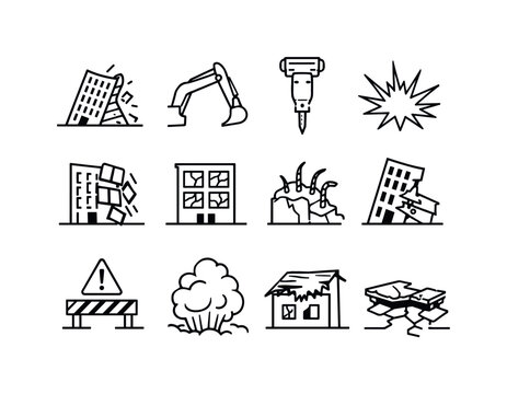 Building Demolition Icons. Building Demolition. Line icon set of Building Demolition: collapsing building, excavator arm, hydraulic breaker, implosion lines,