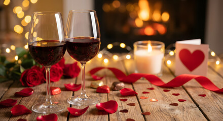 Romantic Dinner With Wine Glasses Roses Candle and Heart Card Valentine Love Background.
