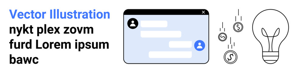 Fototapeta premium Innovation, online chat, financial technology, brainstorming, digital communication, creativity. Chat window and lightbulb with falling coins. Innovation and online chat concept