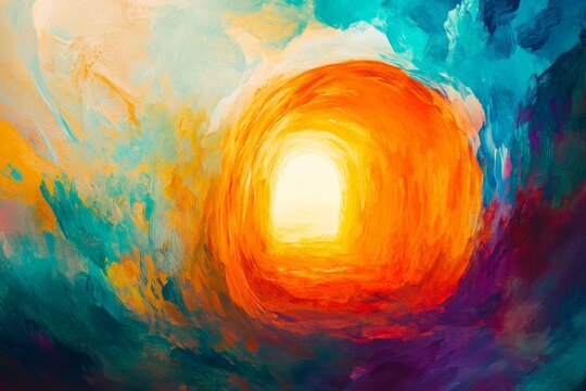 Colorful art representing the empty tomb of Jesus with light emerging, symbolizing resurrection during Easter celebration