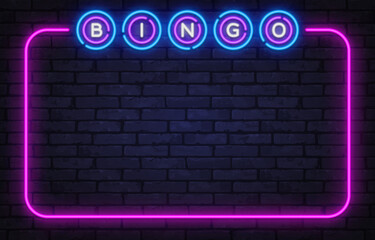 Bright neon bingo lettering inside a glowing frame on brick texture. Casino-inspired background great for gambling themes, nightlife visuals, or online promotions. © Ivan