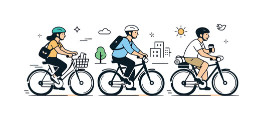 Obraz premium Urban Cycling Scene. City commuters cycling. Urban commuters riding bicycles with helmets and simple gear. Sustainable transport and relaxed city movement