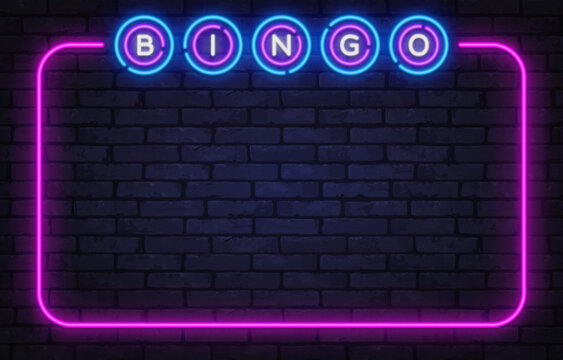 Bright neon bingo lettering inside a glowing frame on brick texture. Casino-inspired background great for gambling themes, nightlife visuals, or online promotions.