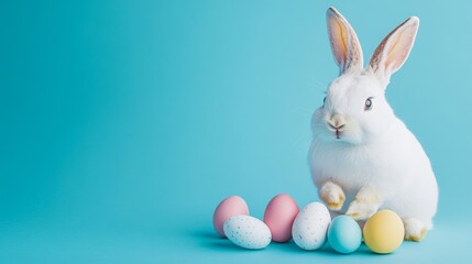 Obraz premium Easter bunny stands next to colorful eggs on a blue background with space for marketing use