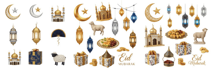 Obraz premium Collection of Eid al-Adha Islamic Festival Symbols and Traditional Elements isolated on white transparent PNG background