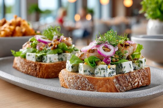 Tostadas con queso azul, cebolla morada, nueces y lechuga sobre pan de campo, en restaurante moderno.
