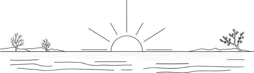 Obraz premium Line drawing of a sunrise over water with minimalistic trees on either side copy space