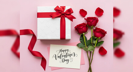 Valentine's Day Gift: A charming Valentine's Day composition, featuring a pristine gift box adorned with a scarlet ribbon.