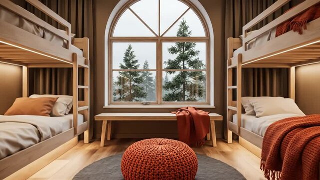 Cozy bedroom interior with bunk beds and large arched window overlooking pine trees in a serene forest landscape