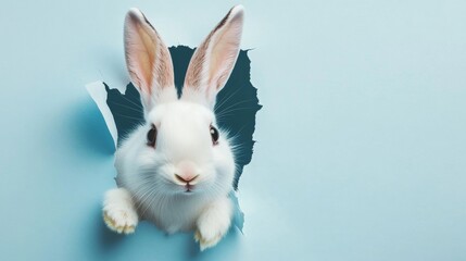 Obraz premium Bunny peeks out of a hole in blue wall for Easter fun with fluffy ears and a rabbit hopping out of a torn space