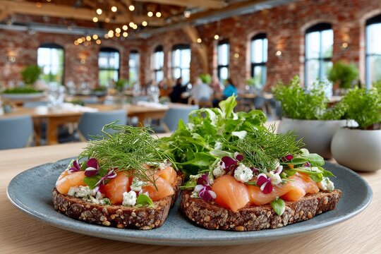 Sm&oslash;rrebr&oslash;d dan&eacute;s con salm&oacute;n ahumado, queso de cabra, granada y eneldo sobre pan de centeno. Servido con ensalada verde en restaurante moderno.