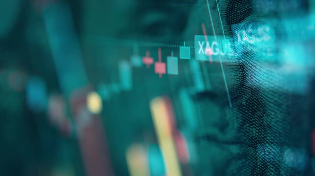 Close up timelapse video of silver USD parity XAG displayed as candlesticks over Benjamin Franklin $100 bill website background