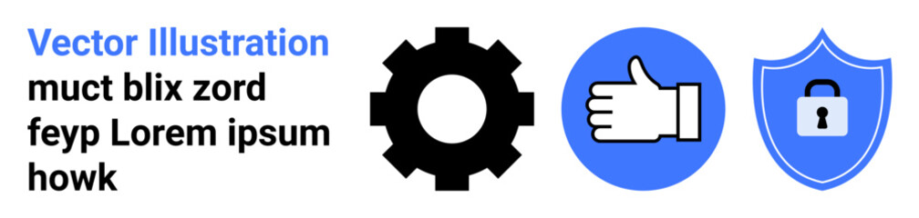 Obraz premium Cybersecurity, privacy, user interaction, online safety, data protection, secure technology. Black gear, thumbs-up icon and shield symbol with lock. Cybersecurity and privacy concepts