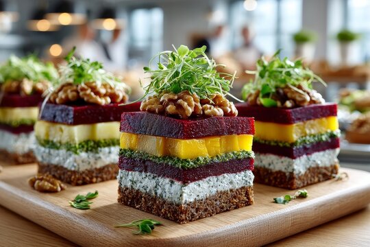 Porciones individuales de pastel vegetal en capas, con remolacha, mango, nueces y microgreens sobre pan de centeno. Alta cocina vegetariana.