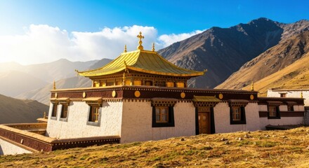 Obraz premium A golden-roofed temple with surrounding walls and mountains in the background