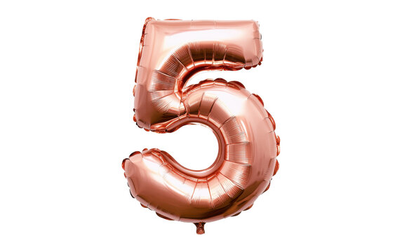 Rose gold balloon number five on white background,png