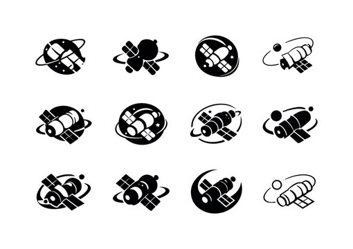 Microgravity Research Icons. microgravity research. Icon set. Set Logo of microgravity research: orbital science module. harmonious logo variations of the same