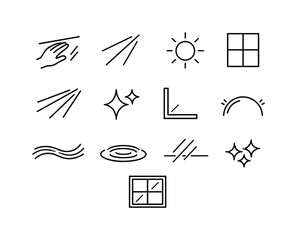 Window Light Icons. Window Light Play. Line icon set of Window Light Play: hand near glass, light reflection lines, sun spot reflection, window grid, moving