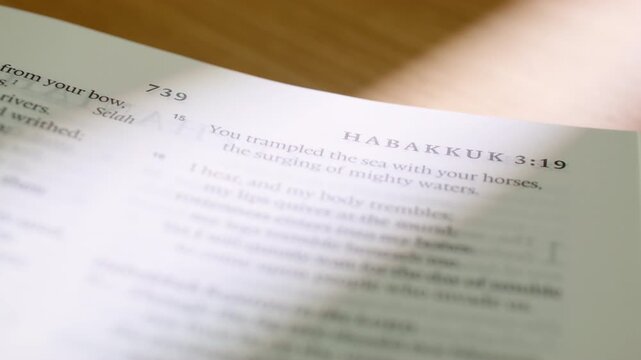 Bible Habakkuk book pages turn during a close up study of holy scripture. Detailed shot of flipping through the Old Testament prophetic book regarding faith and questioning in a modern study.