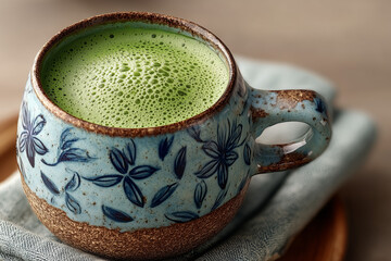 Matcha latte in ceramic cup.