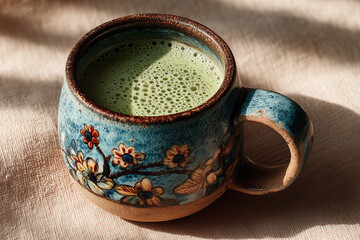 Matcha latte in ceramic cup.