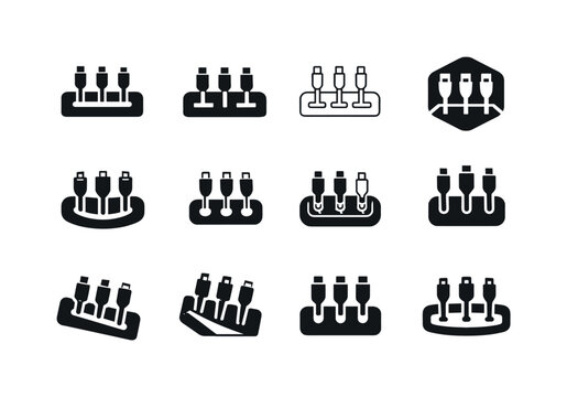 Device Charging Logos. Setting up a charging station for devices. Icon set. Set Logo of setting up a charging station for devices: cable organizer with neatly