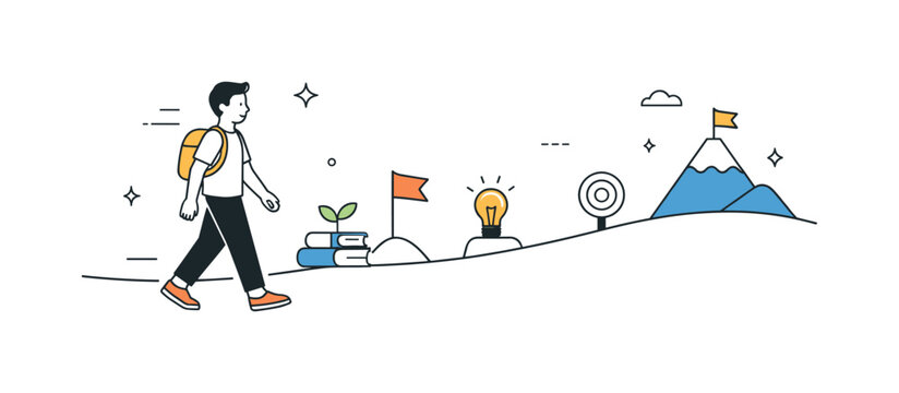 Path to Growth. The journey of self-improvement and personal development. A calm character walking along a simple path with small milestones, symbolizing