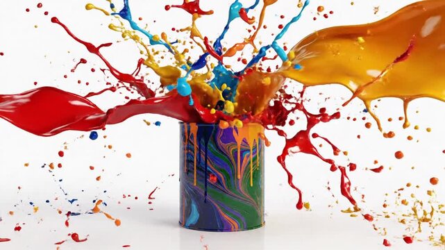 Colorful paint splashing out of a vibrant can, creating a dynamic abstract scene with energetic splatters