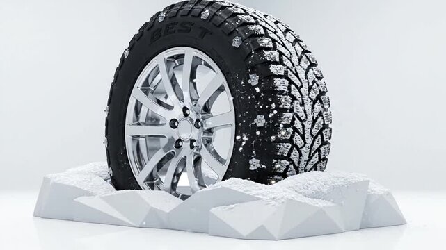 A snow-covered tire stands on a snowy surface, showcasing its tread pattern, from a slightly angled viewpoint.