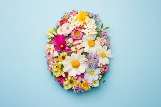 Easter egg shape made from spring flowers on plain background brightens the festive season in a colorful display